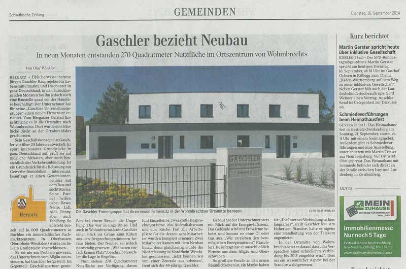 Schwäbische Zeitung - Gaschler bezieht Neubau